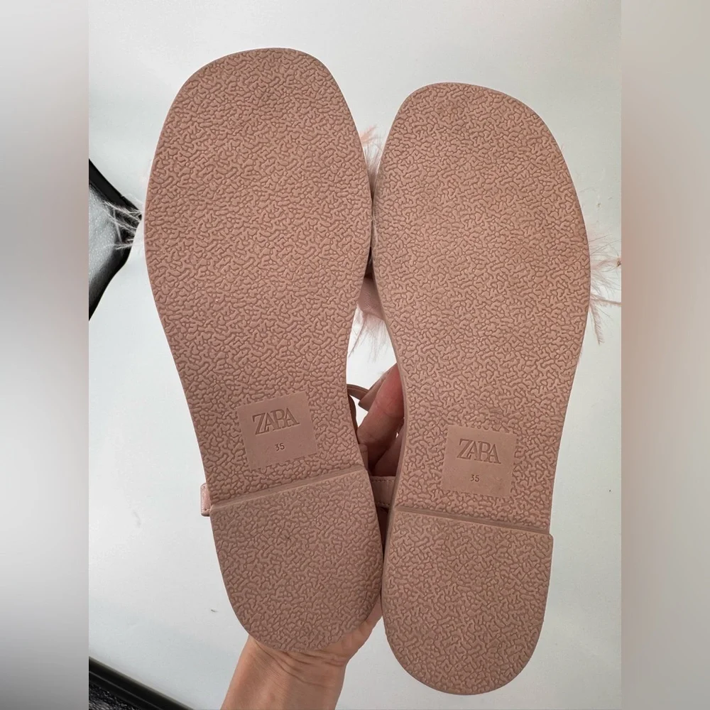 New Zara Feather Flats Pink Beige Sandals - Picture 4 of 4